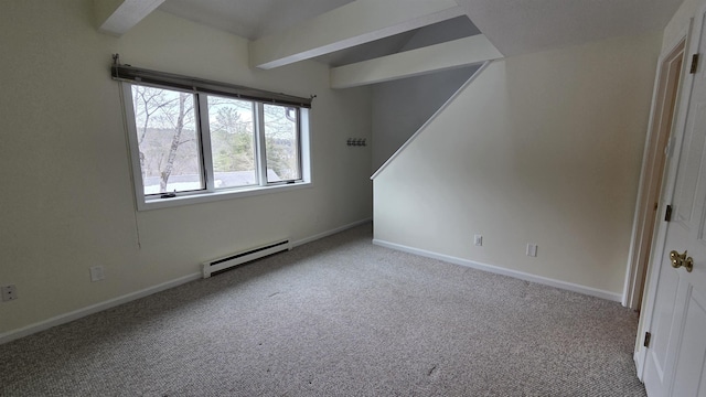 empty room featuring a baseboard radiator, beam ceiling, carpet, and baseboards