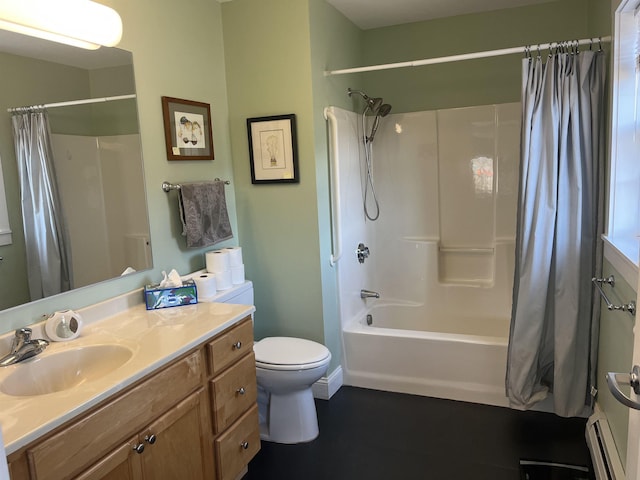 full bath featuring vanity, toilet, shower / bath combo with shower curtain, and a baseboard radiator