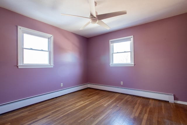 unfurnished room featuring baseboards, baseboard heating, wood finished floors, a ceiling fan, and a baseboard radiator