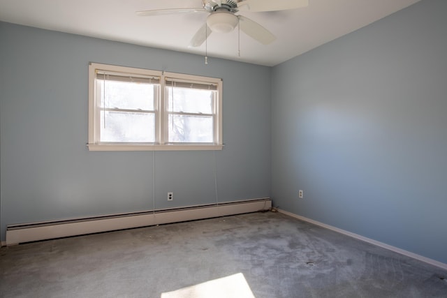 spare room featuring a baseboard radiator, baseboards, a ceiling fan, and carpet flooring