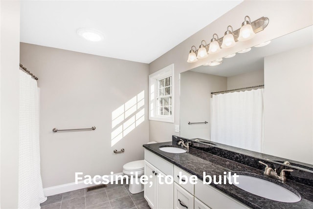 full bath featuring a sink, visible vents, toilet, and double vanity