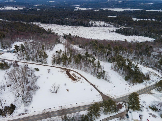 snowy aerial view with a view of trees