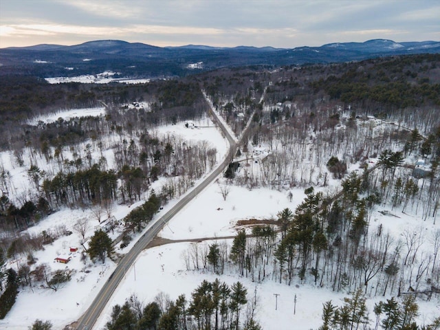 snowy aerial view with a mountain view