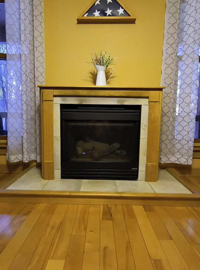 details featuring wood finished floors and a fireplace