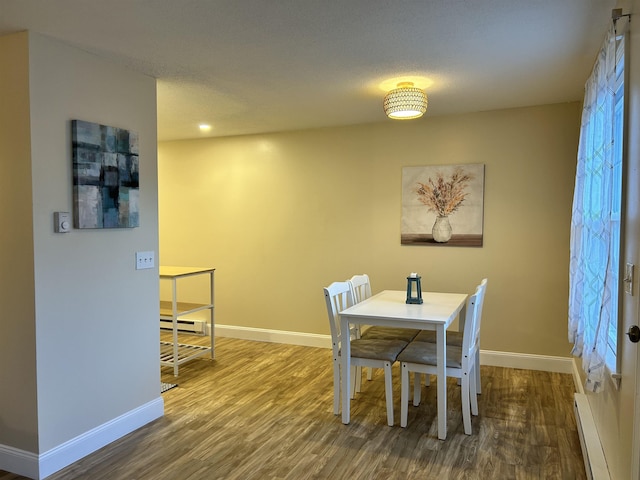 dining room featuring a baseboard heating unit, baseboards, wood finished floors, and a baseboard radiator