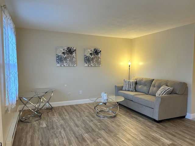 living room featuring wood finished floors, baseboards, and baseboard heating