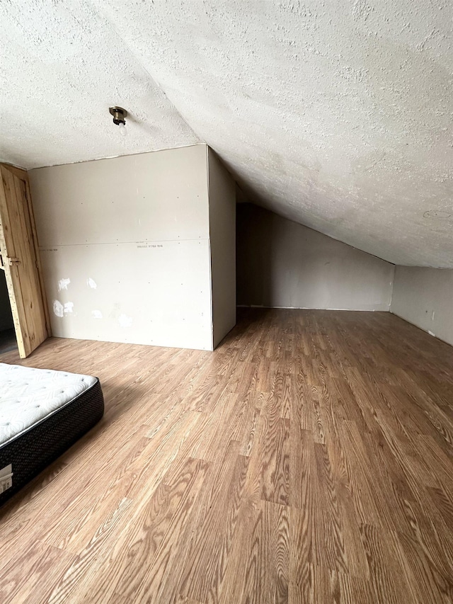 additional living space featuring light wood finished floors, a textured ceiling, and vaulted ceiling