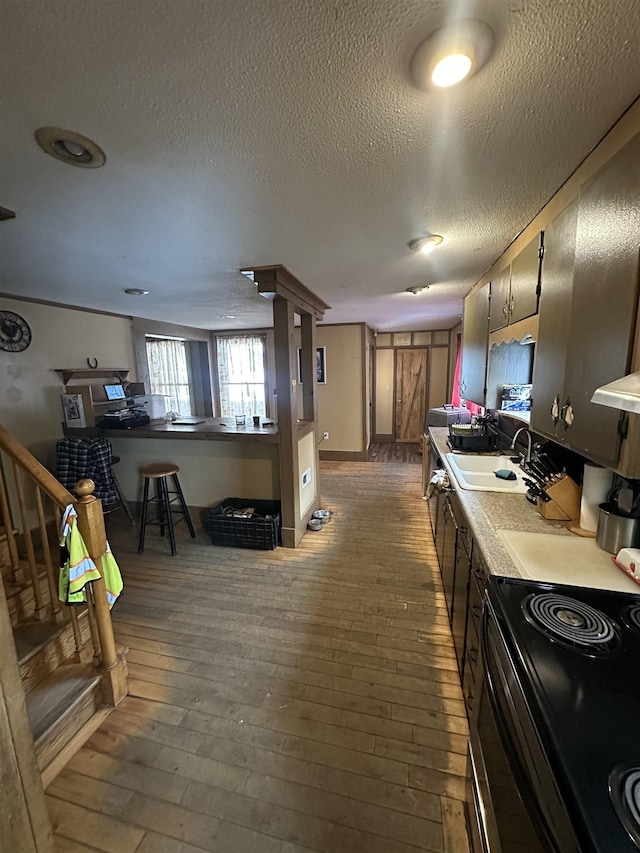 kitchen with a textured ceiling, dark wood-type flooring, black range with electric stovetop, and a sink