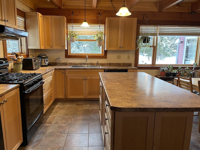 kitchen with a sink, plenty of natural light, black gas range oven, and under cabinet range hood