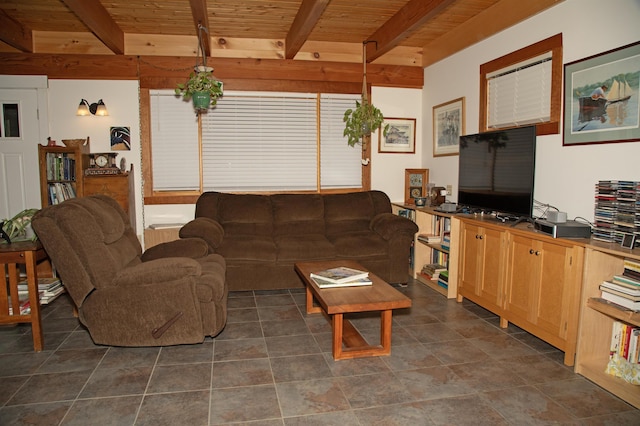 living room with beam ceiling and wood ceiling