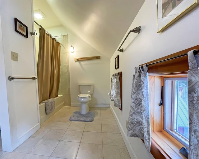 full bathroom with shower / bathtub combination with curtain, baseboards, lofted ceiling, tile patterned flooring, and toilet