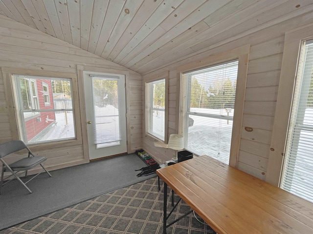 doorway featuring lofted ceiling, wooden walls, plenty of natural light, and wood ceiling