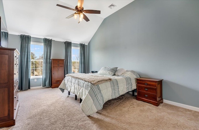 bedroom featuring light carpet, visible vents, a ceiling fan, and baseboards