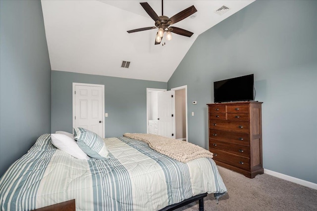 carpeted bedroom featuring visible vents, a ceiling fan, baseboards, and high vaulted ceiling