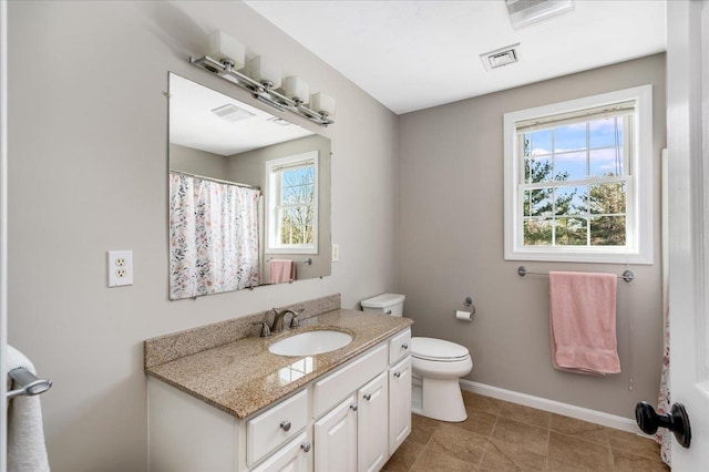 full bath featuring visible vents, toilet, vanity, and baseboards