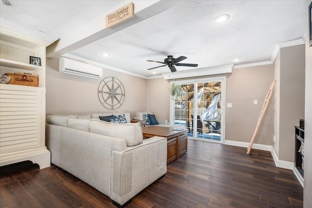 living room with an AC wall unit, dark wood-style floors, crown molding, baseboards, and ceiling fan