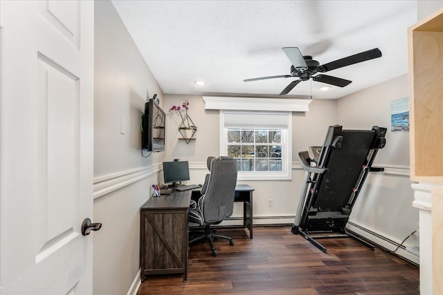 office space featuring ceiling fan, dark wood-style flooring, recessed lighting, a textured ceiling, and a baseboard radiator