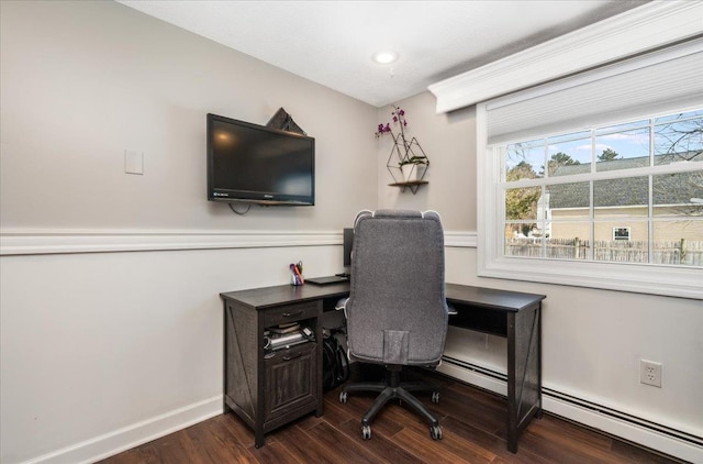 office area featuring baseboard heating, baseboards, and dark wood-style flooring