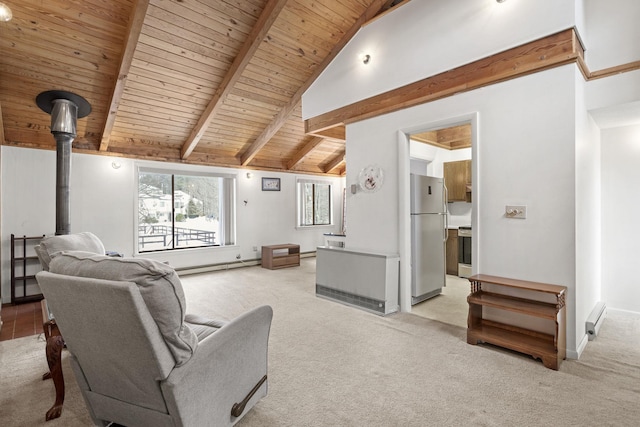 living room featuring lofted ceiling with beams, wood ceiling, a baseboard radiator, and light carpet