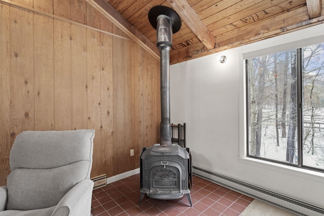 details with beamed ceiling, wooden ceiling, wood walls, baseboard heating, and a wood stove