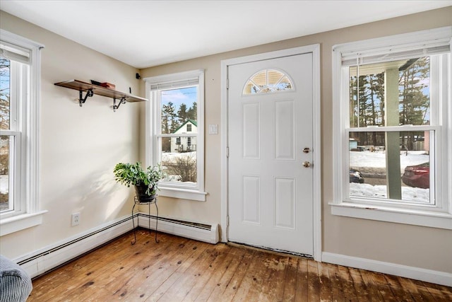 entrance foyer featuring hardwood / wood-style flooring, baseboards, and baseboard heating