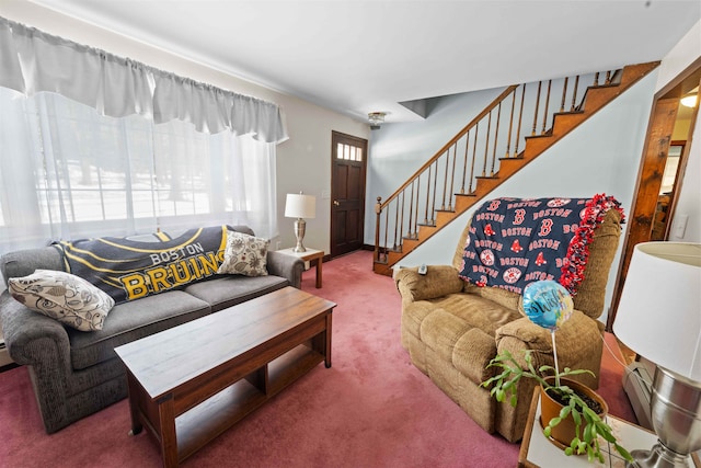 living area with stairway and carpet flooring