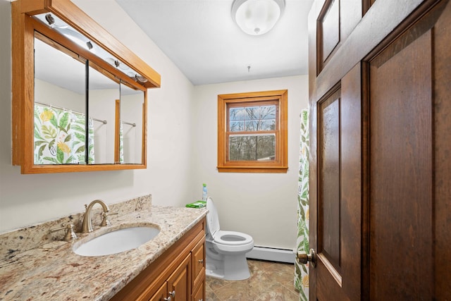 full bath with toilet, vanity, a shower with curtain, and a baseboard radiator