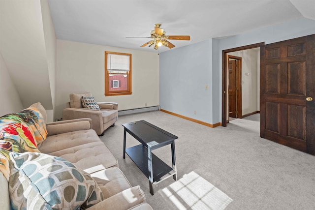 living area featuring light colored carpet, a ceiling fan, baseboards, and a baseboard radiator