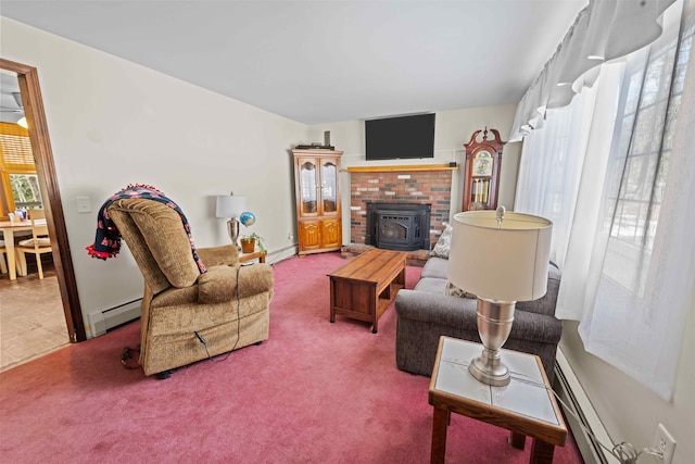 living area featuring carpet floors and baseboard heating