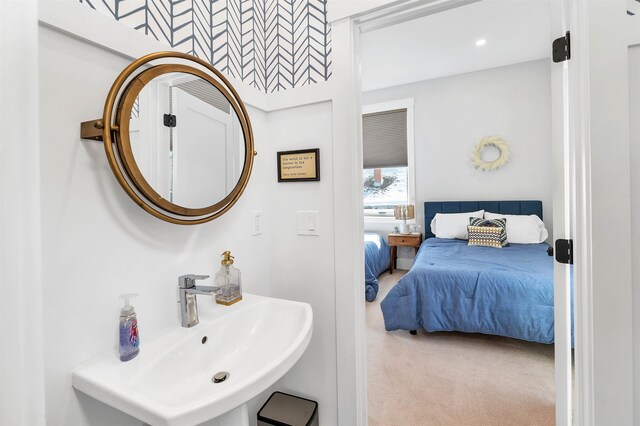 carpeted bedroom with a sink