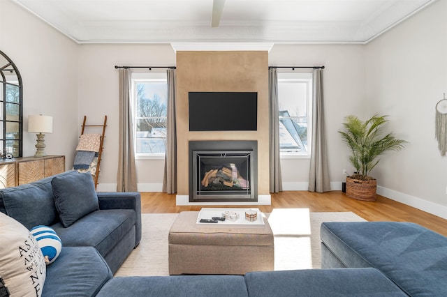 living room featuring baseboards, wood finished floors, a fireplace, and crown molding