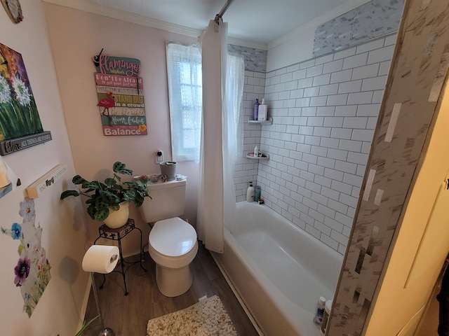 bathroom with toilet, wood finished floors, shower / tub combo, and ornamental molding