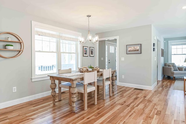 dining room featuring an inviting chandelier, light wood-style flooring, visible vents, and baseboards