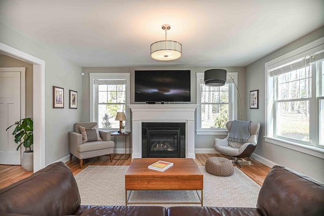 living room with a glass covered fireplace, wood finished floors, and baseboards