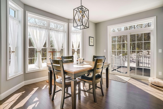 dining space featuring a notable chandelier, a healthy amount of sunlight, dark wood-type flooring, and baseboards