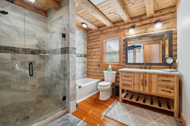 bathroom with toilet, wood ceiling, wood-type flooring, and log walls