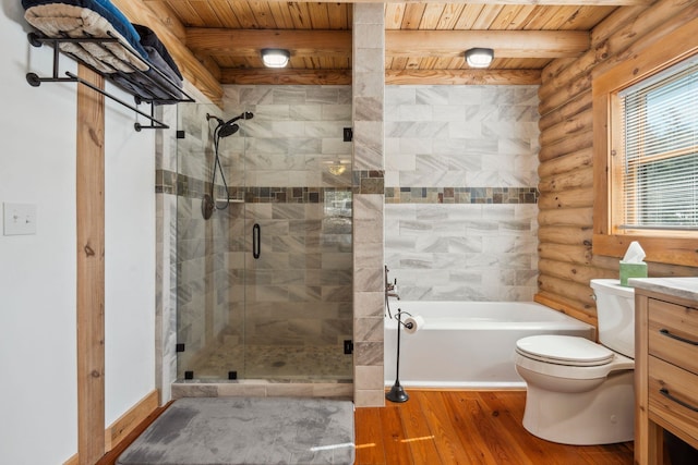 full bath featuring a tub to relax in, log walls, beam ceiling, a shower stall, and wood ceiling