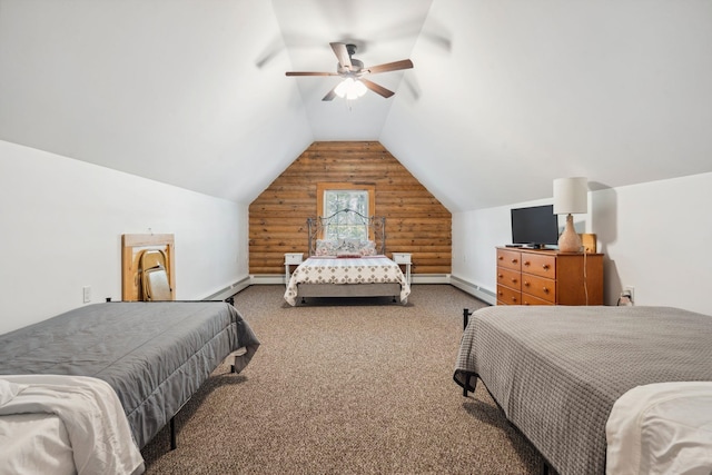 carpeted bedroom with lofted ceiling and ceiling fan