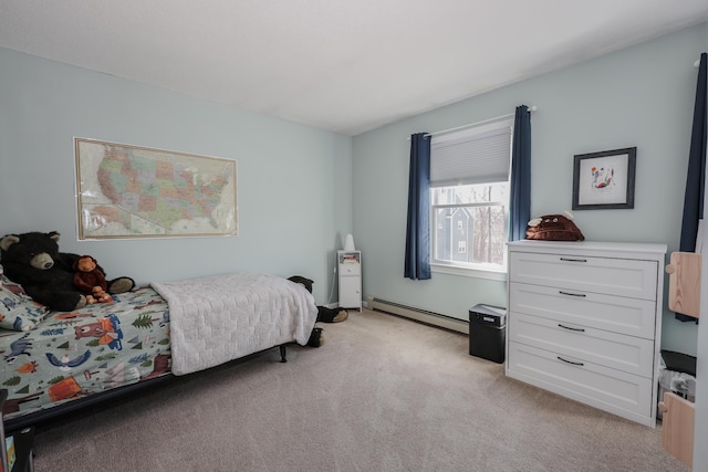 bedroom featuring a baseboard heating unit and light carpet