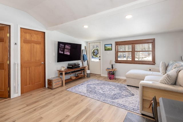 living area with lofted ceiling with beams, baseboards, light wood-style flooring, and recessed lighting