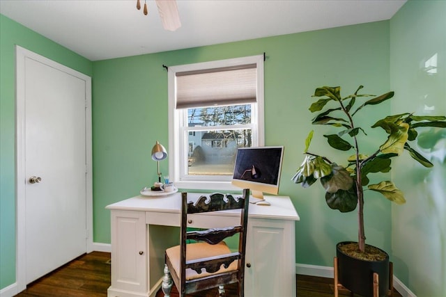 home office featuring a ceiling fan, baseboards, and dark wood-style flooring