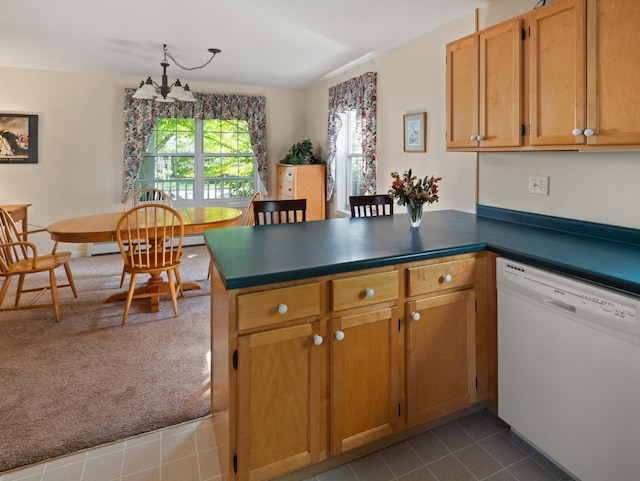 kitchen with a peninsula, dark carpet, dishwasher, dark tile patterned floors, and baseboard heating