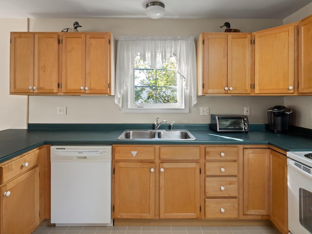 kitchen featuring a sink, white appliances, dark countertops, and a toaster