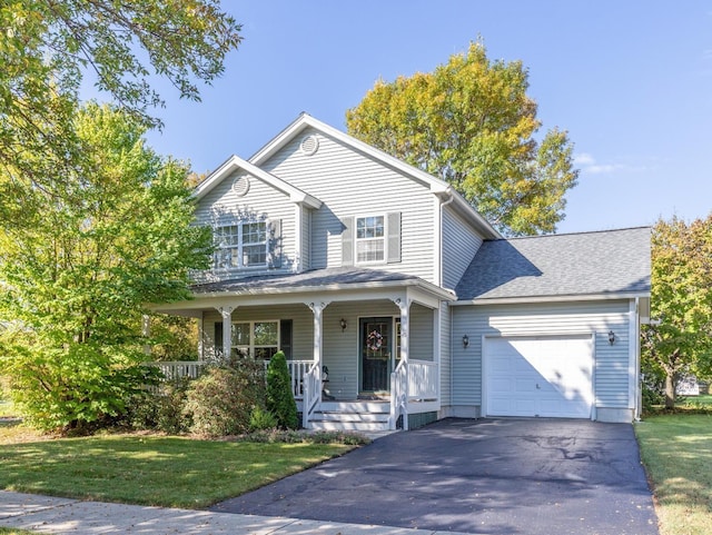 view of front of home with driveway, roof with shingles, covered porch, an attached garage, and a front yard