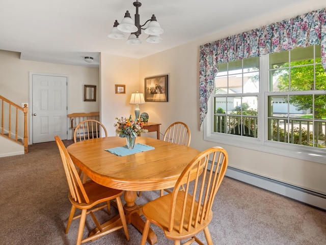 carpeted dining room with stairway, a notable chandelier, and a baseboard radiator