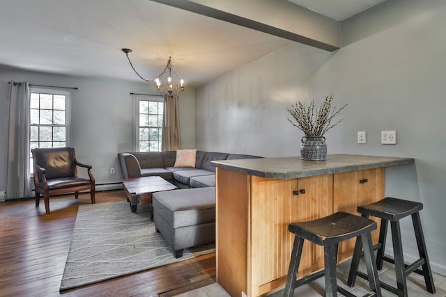 living room featuring a baseboard radiator, wood-type flooring, baseboards, and a chandelier