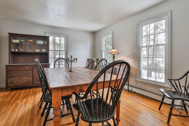 dining room with light wood-type flooring and a baseboard radiator