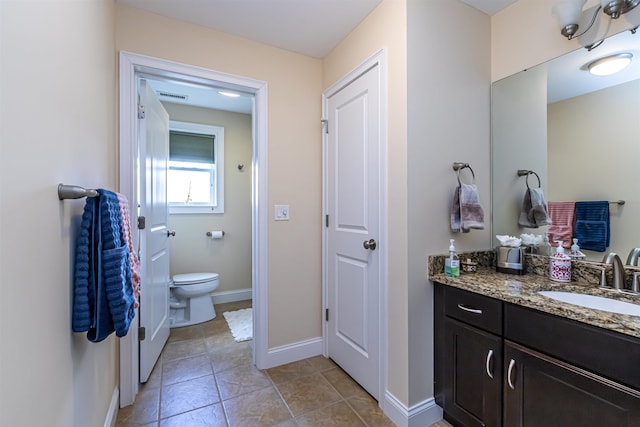 bathroom with visible vents, toilet, tile patterned flooring, baseboards, and vanity