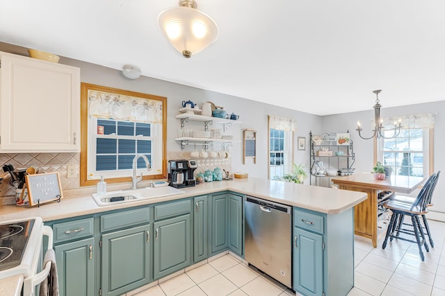 kitchen featuring electric stove, a sink, stainless steel dishwasher, a peninsula, and light countertops