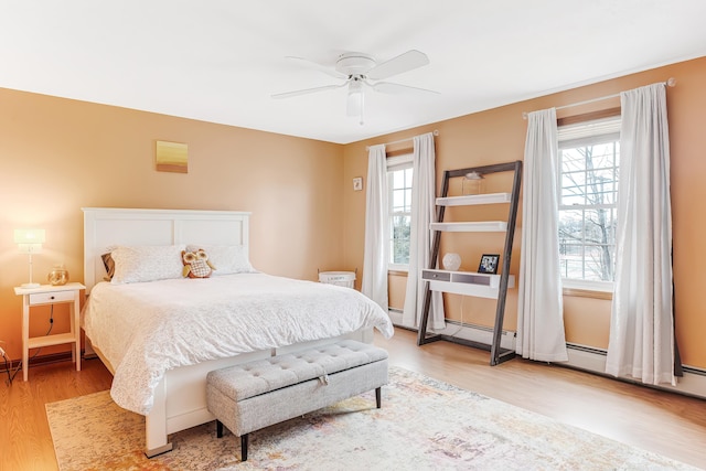 bedroom featuring light wood finished floors and ceiling fan